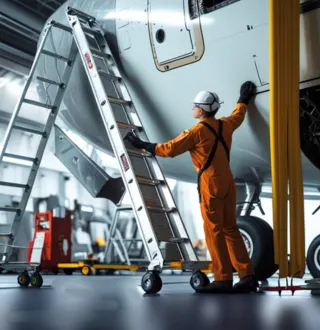 Worker inspecting an aircraft using a ladder.