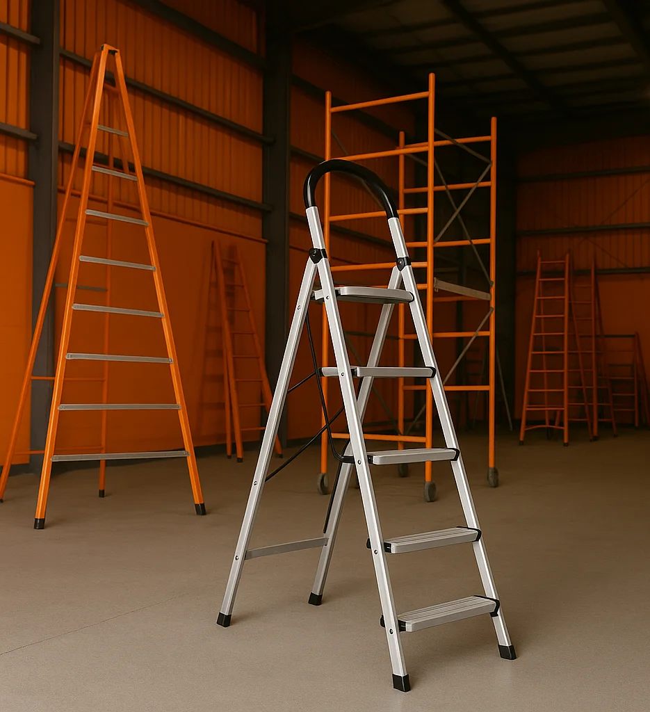 A warehouse display of ladders from ladder manufacturers, featuring a silver step ladder in the foreground and orange extension ladders and scaffolding in the background.